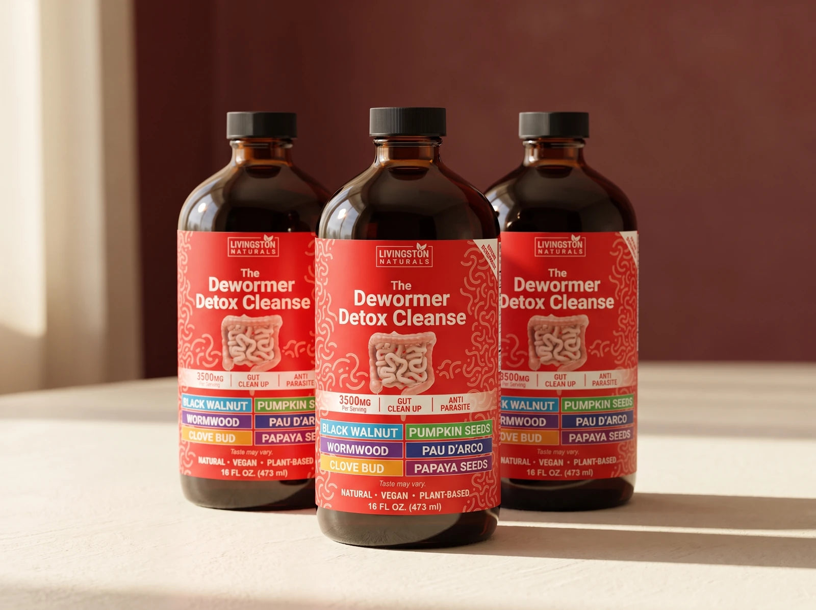 Three Livingston Naturals bottles grouped together