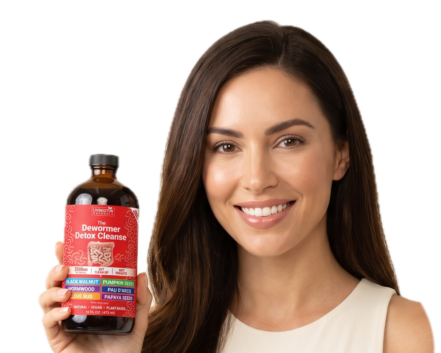 Woman holding the Livingston Naturals bottle